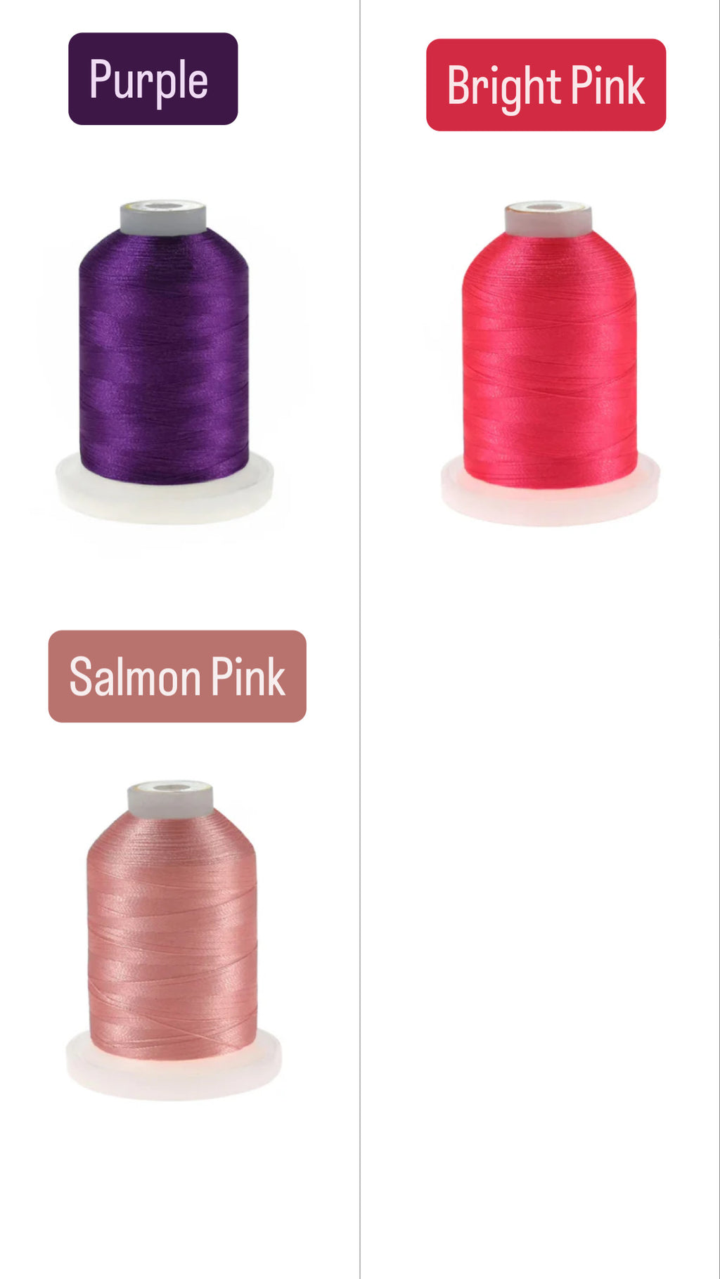 Three spools of thread in purple, bright pink, and salmon pink on a white background.