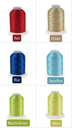 Six spools of thread in red, cream, blue, aqua blue, matcha green, and yellow on a white background.