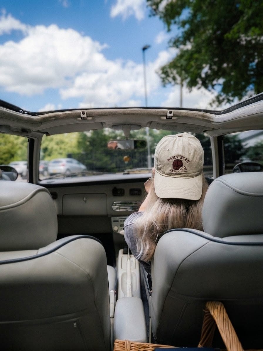A person sitting in the back of a convertible car, viewed from behind, wearing a beige baseball cap with a circular logo that reads 'SOUTHWEEST'. The car interior is gray, with trees and a blue sky visible through the open top and windshield.