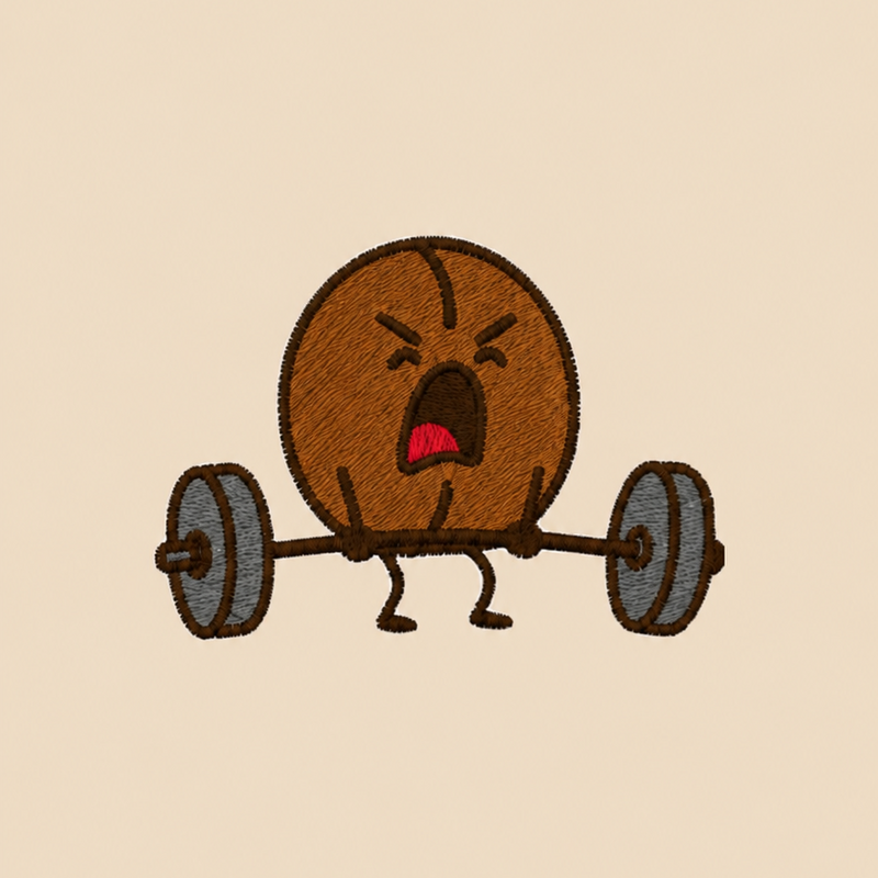 Cartoon character lifting weights on a beige background