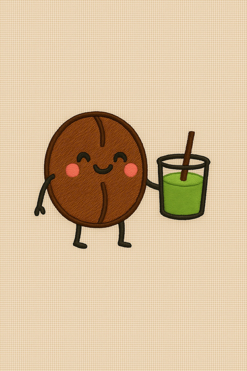 Cartoon coconut character holding a glass of green juice with a straw on a beige background