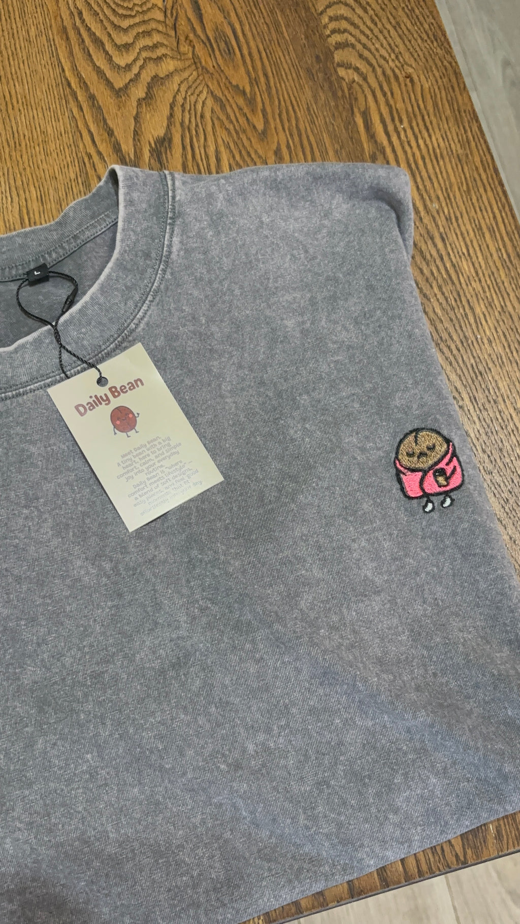 pink chill bean on grey t shirt
