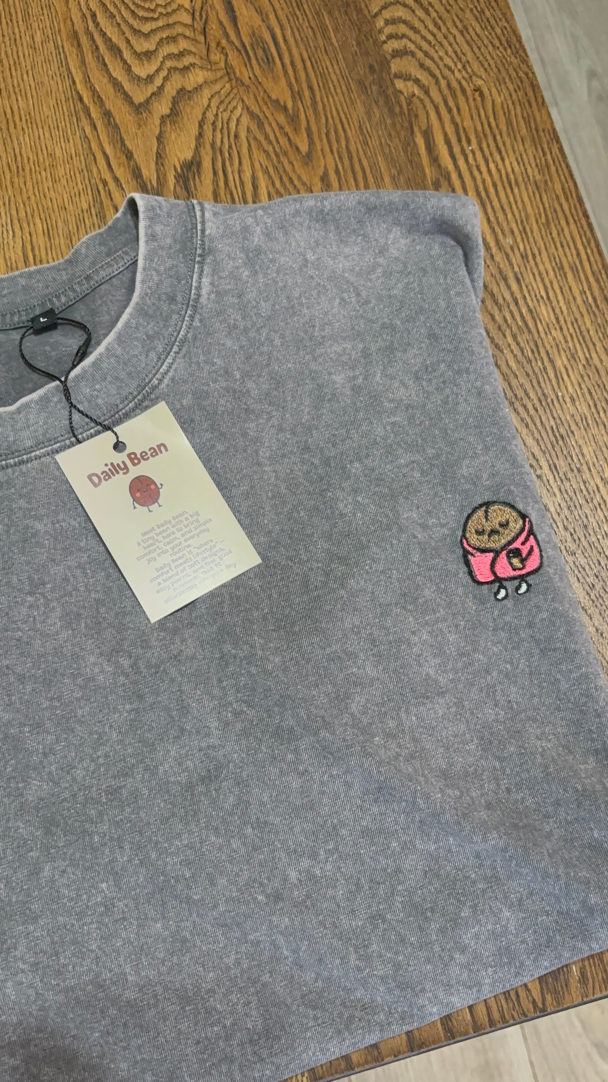 pink chill bean on grey t shirt